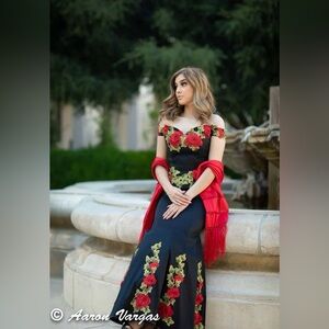 Elegant Floral Black Dress with Red Accents